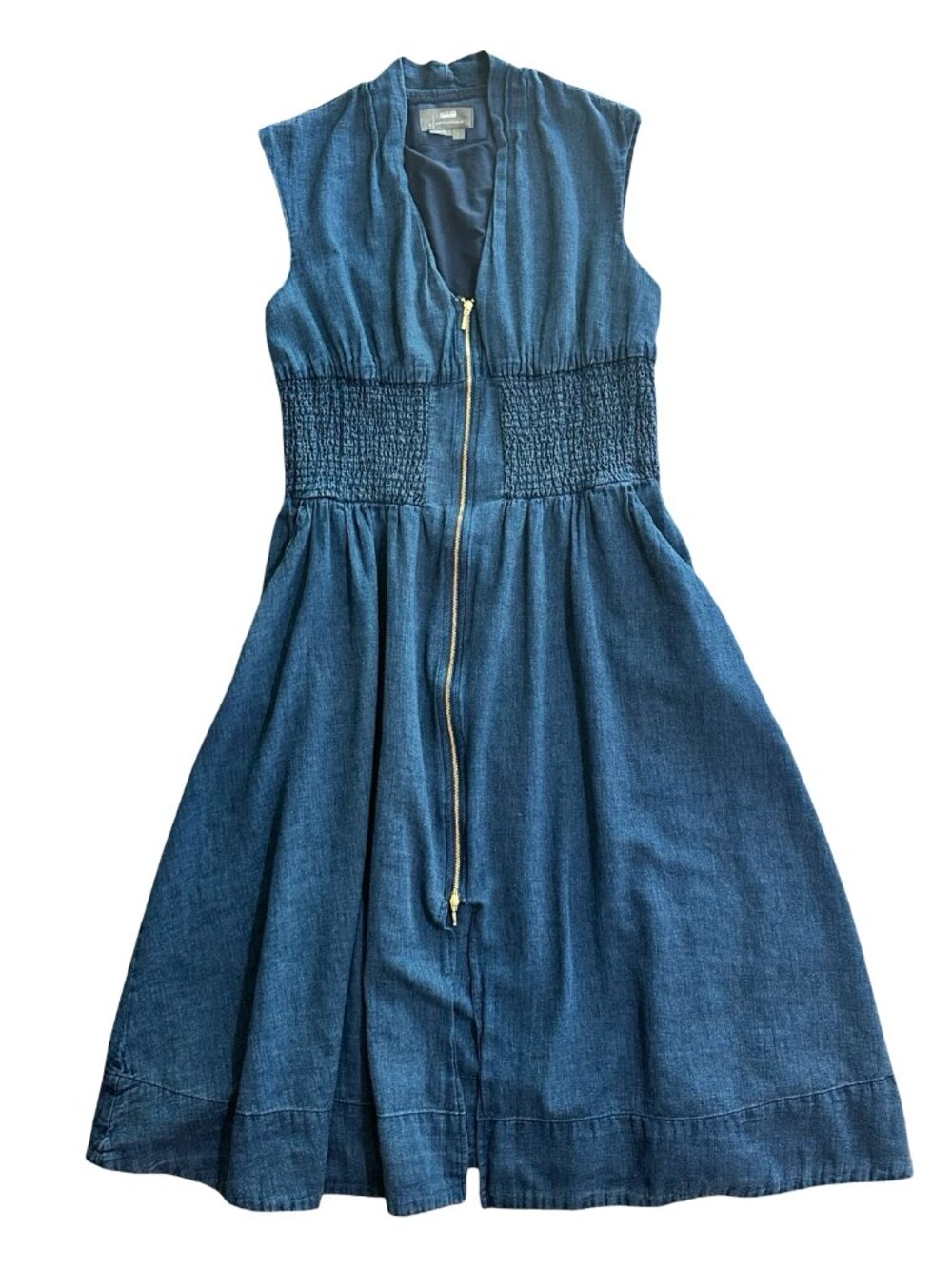 Anthropologie Maeve Chambray Denim Zip Front Midi Dress Smocked Waist Women's L